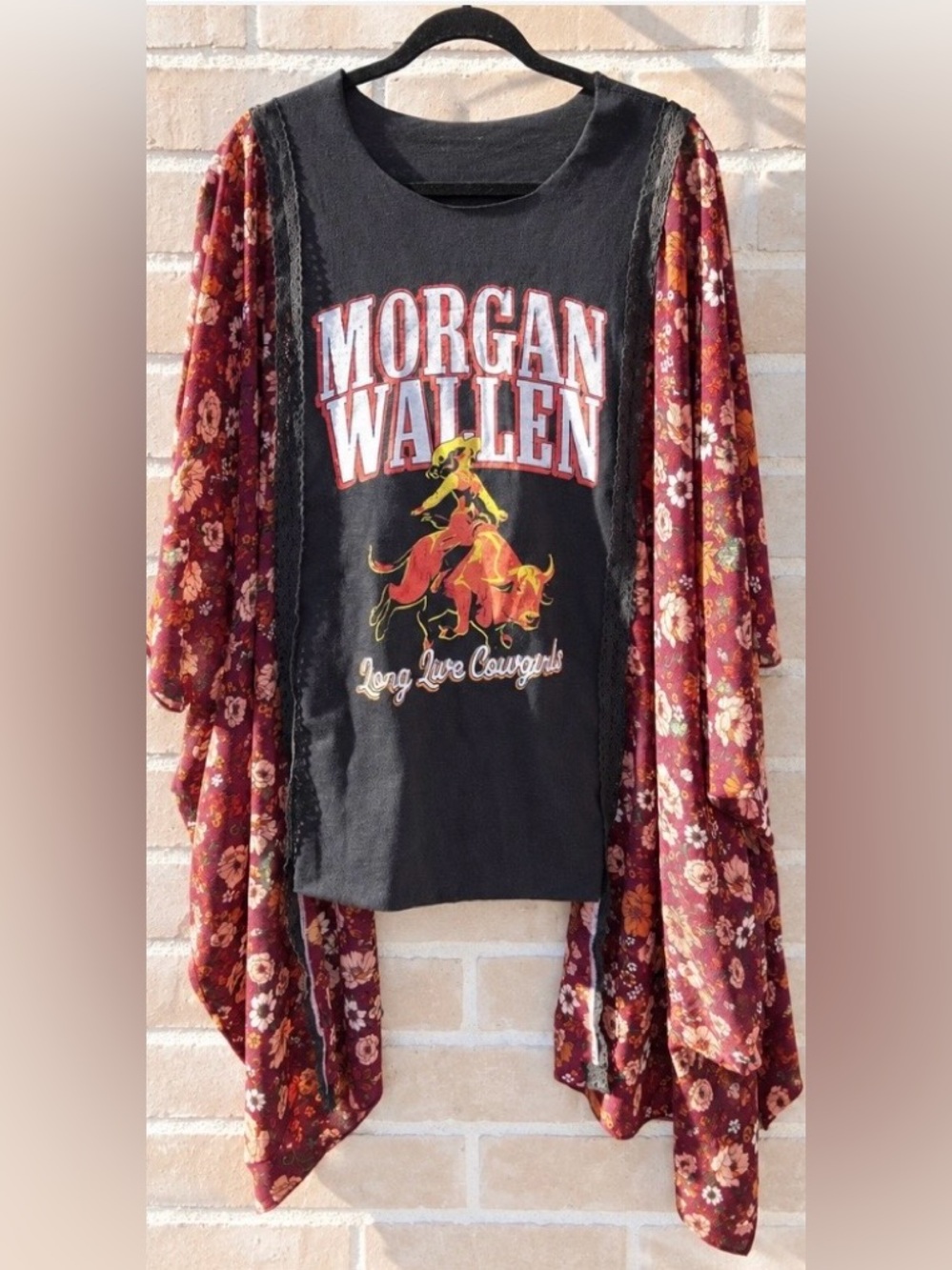 Upcycled Morgan Wallen Graphic Tee Boho Floral Kimono Top